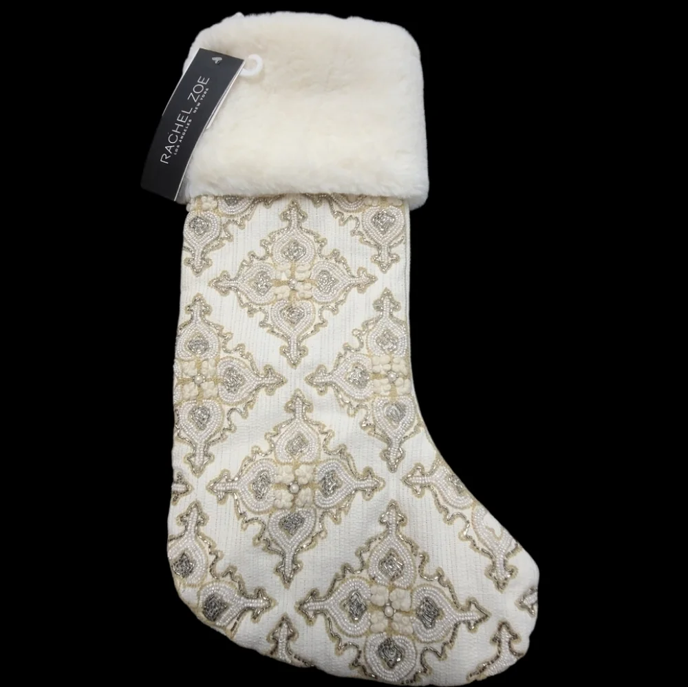 2 Rachel Zoe Old Hollywood Glam Luxury Beaded Faux Fur Christmas Stocking Set